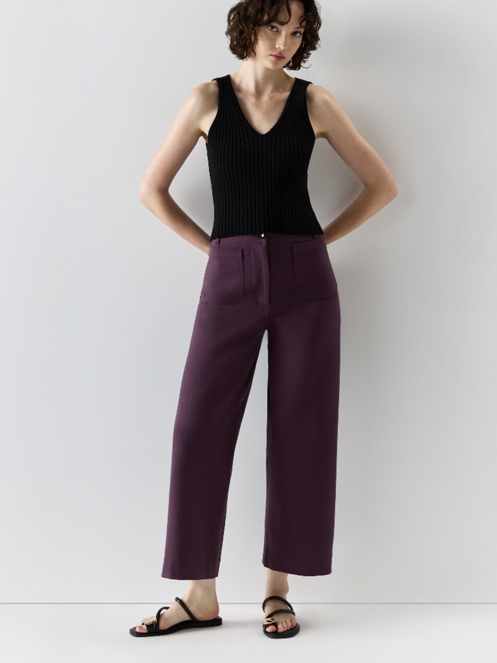 Ponte Cropped Wide Leg Pants in Dark Purple